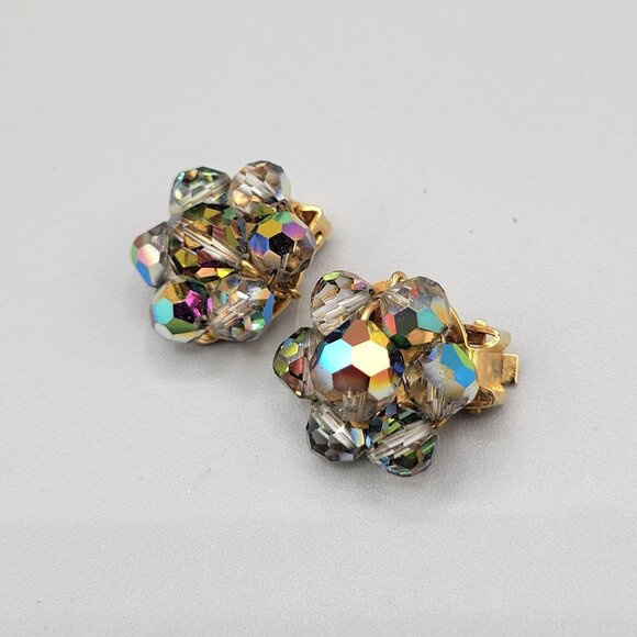 Jewelry - Colorful AB Aurora Borealis Beaded Small Clip On Earrings Gold Tone Vtg